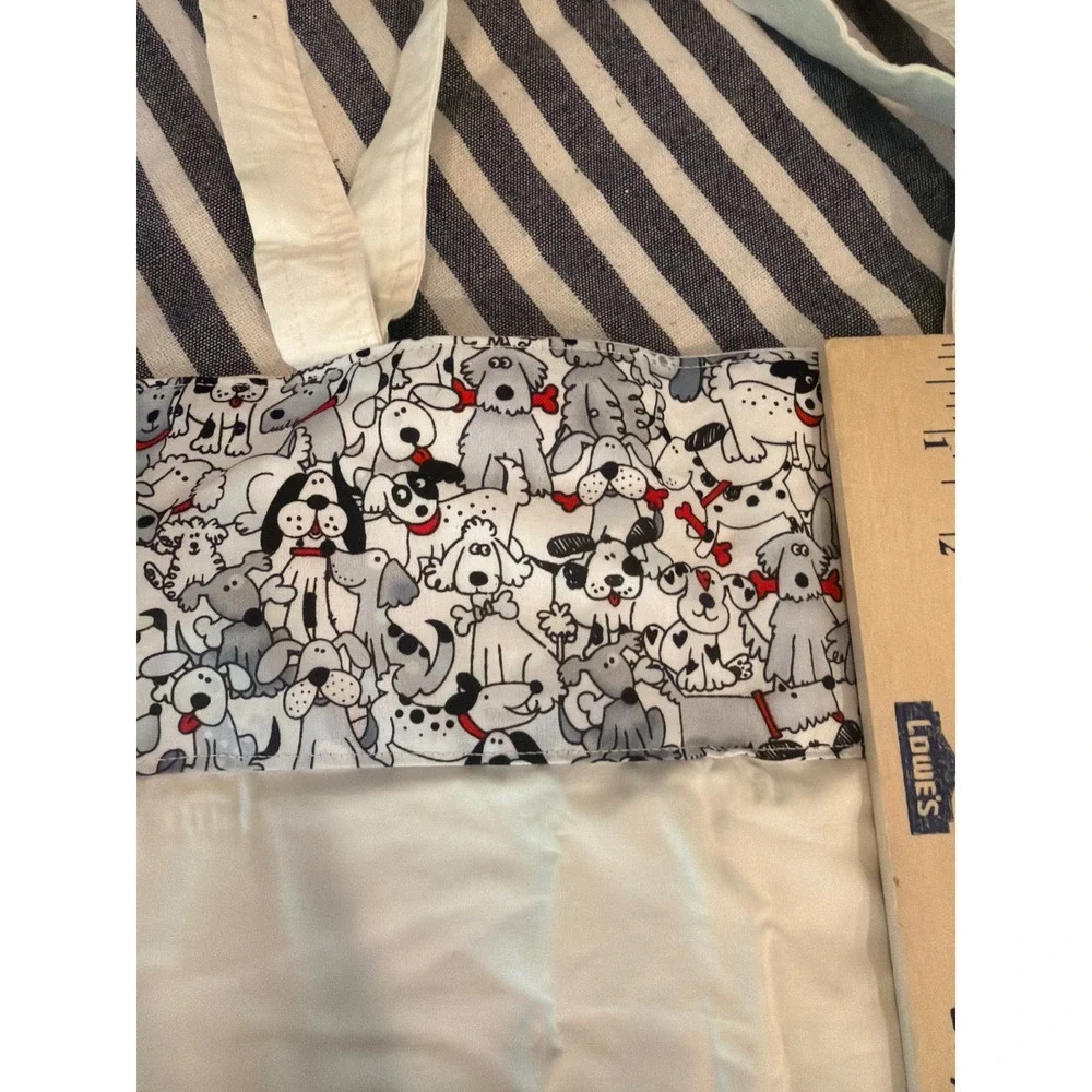 Canvas Tote Bag Cream with Illustrated Dog‎ Print Trim Reusable Shopper